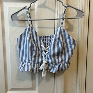 Blue and White Striped Crop Top with Lace-Up Front
